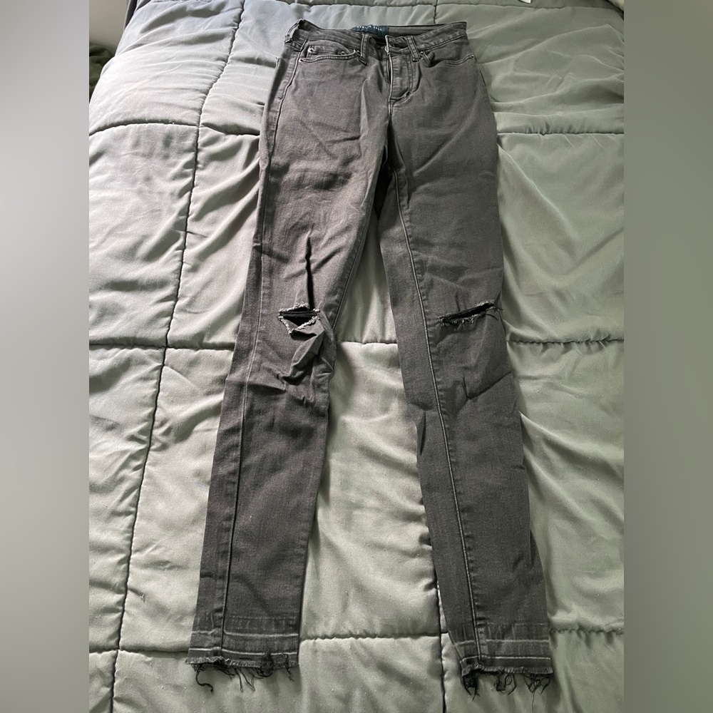 High Waisted Dark Gray Ripped Skinny Jeans